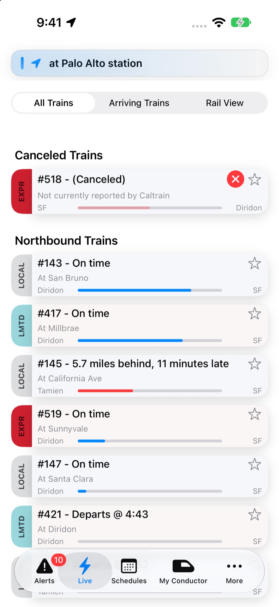 Current Caltrain Companion app showing northbound and southbound live trains